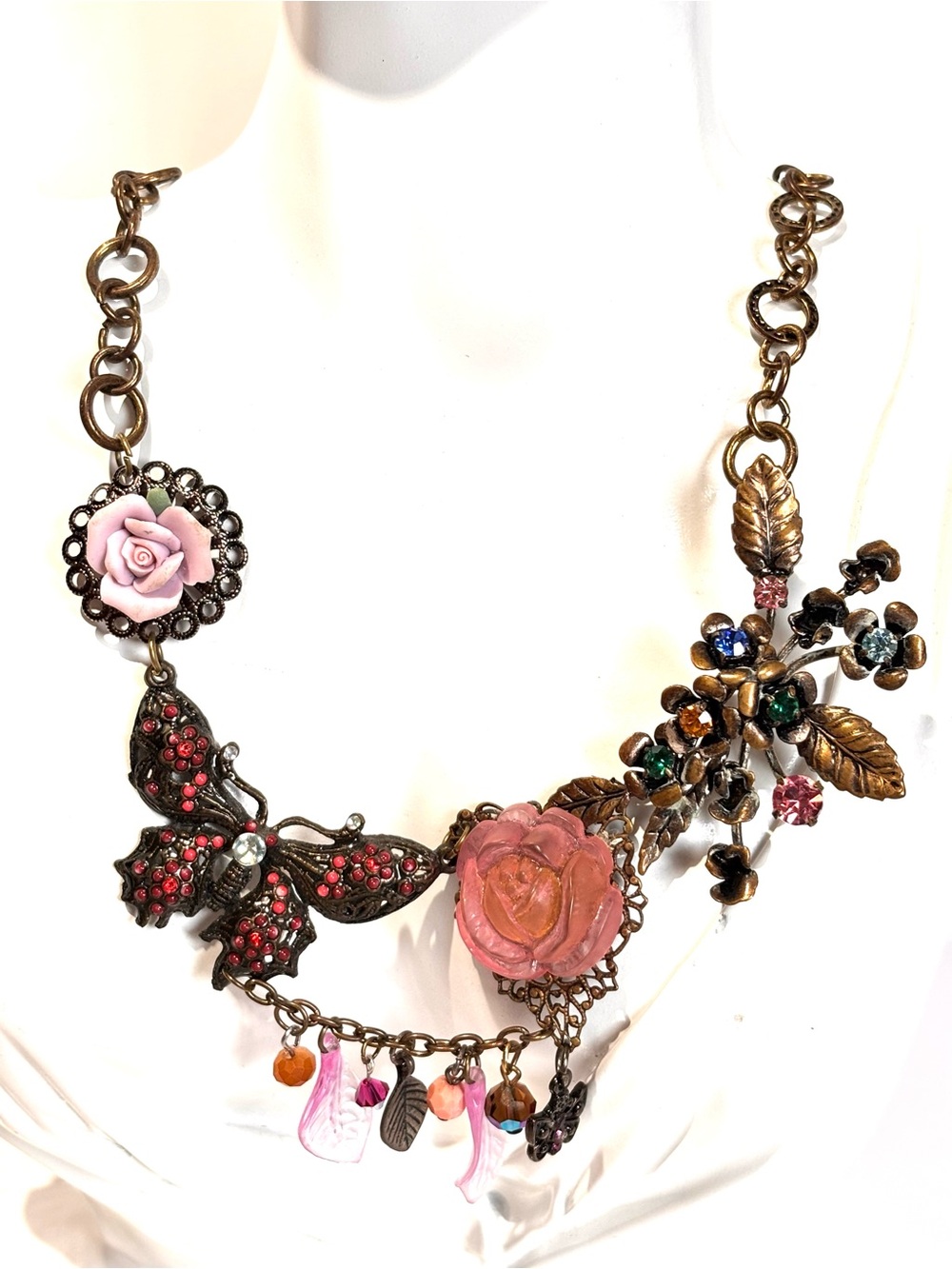 Handcrafted Pink Floral & Butterfly Statement Necklace
